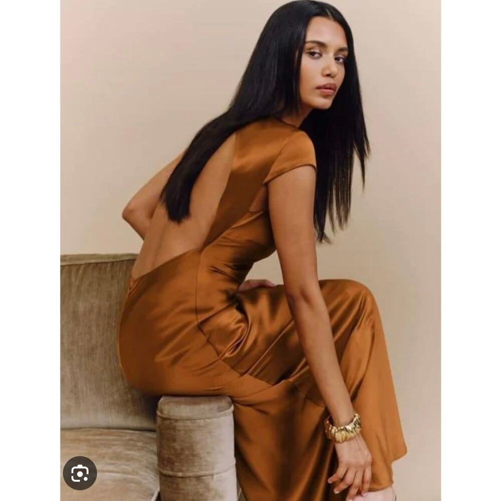Reformation Niamh Silk Dress Sz 6 Copper Boat Neck NWT - Picture 3 of 6